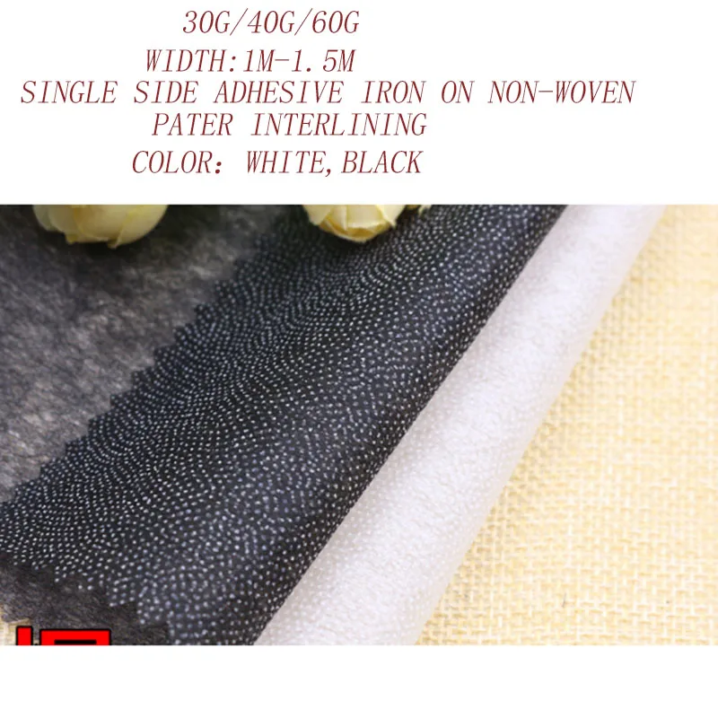 

5-10m/lot30g/40g/60g white black single side adhesive non-woven cloth paper Iron on interlining fabricpatchwork accessories2176