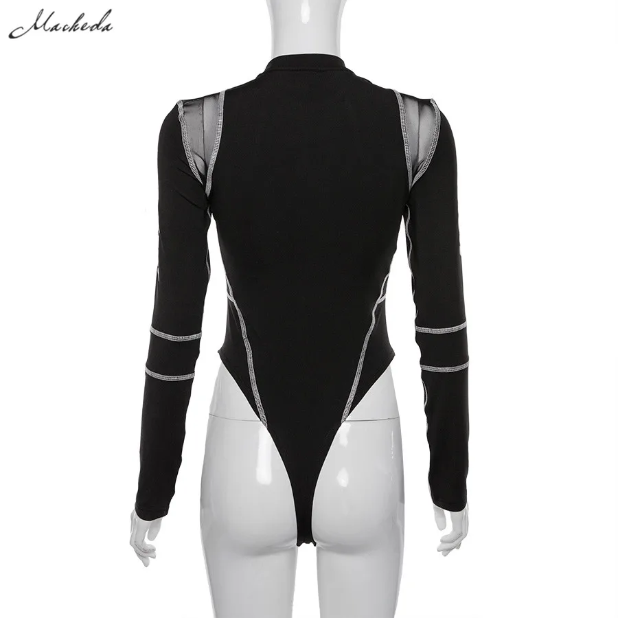 Macheda Женский чёрный боди комбинезон с длинным рукавом прозрачными вставками