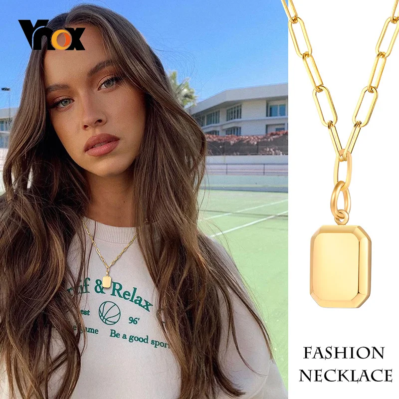 

Vnox Tiny Rectangle Pad Necklace for Women, Gold Color Stainless Steel Metal Pendant, Minimalist Geometric Street Neck Collar