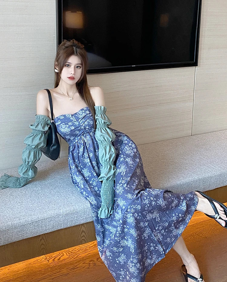 

Элегантные Макси-платья с принтом, женское осеннее новое платье без бретелек с длинным рукавом-фонариком 2021, шифоновые платья YOU898