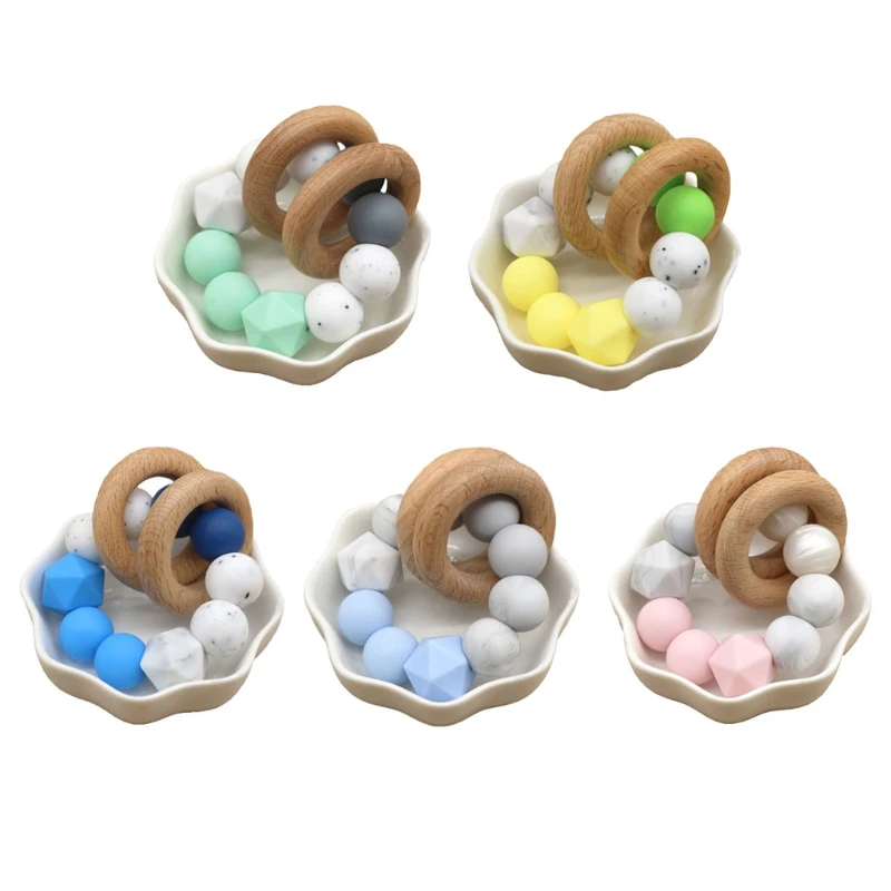 

Beech Wood Baby Teether Nursing Bracelet Food Grade Silicone Beads Teething Ring Rattles Infant Newborn Chews Toys