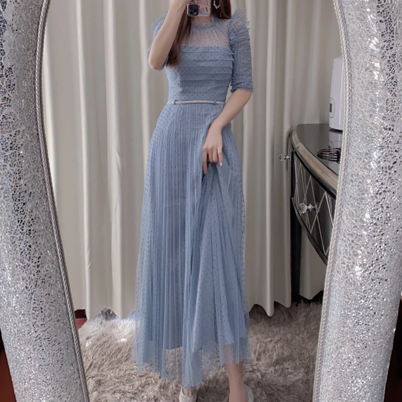 

Woman Blue Polka Dot Long Dresses 2021