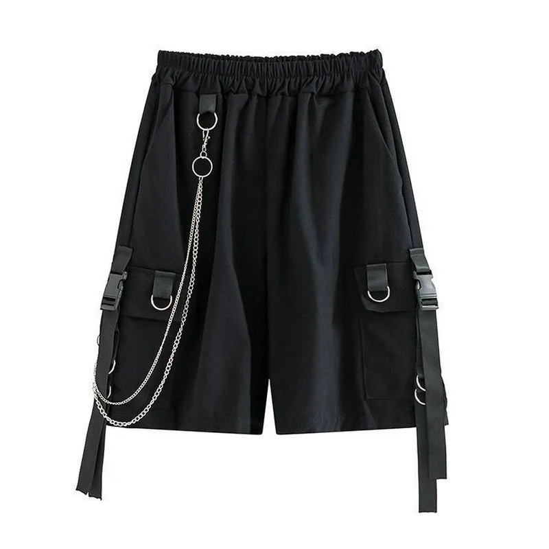 

2021 female summer cargo women's shorts loose in a casual straight line short pants fashion nice black elastic waist at knee