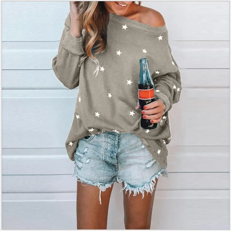 Осень женская футболка с длинным рукавом звезда открытыми плечами Хлопок