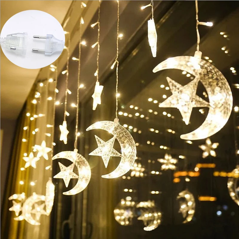

Рождественские огни AC 220V Форма лунной звезды лампа СВЕТОДИОДНАЯ Гирлянда украшение для дома и дома свадебные светодиодные занавески для праздника