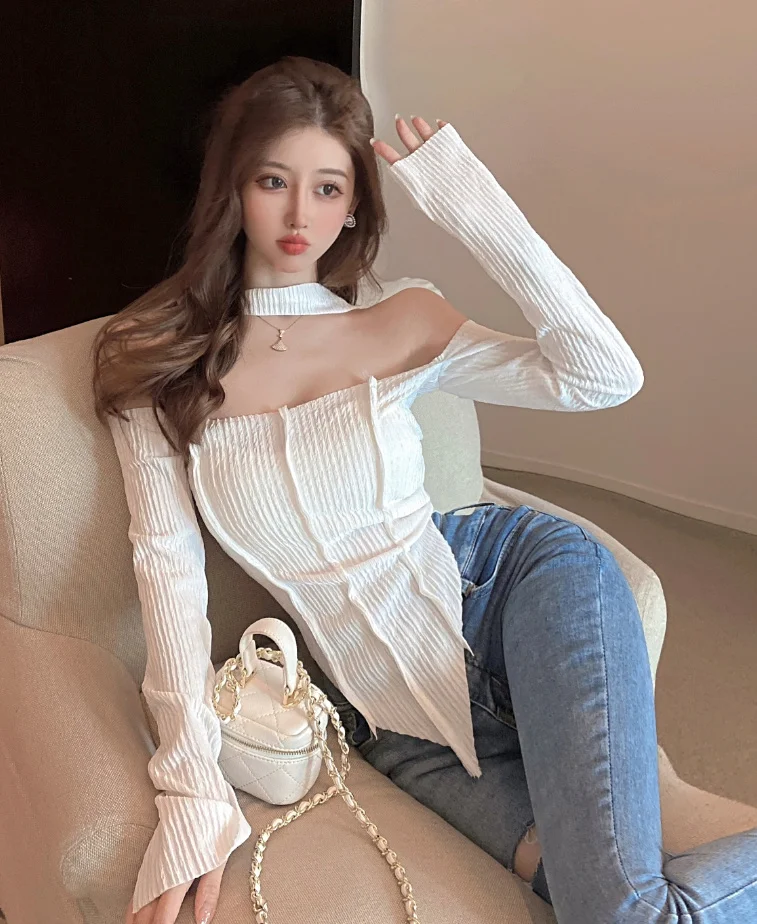 

Irregular Design Niche Short Top for Women Early Autumn Sneaky Design Slim Fit Sweet and Spicy Halter Pink Long Sleeve T-shirt
