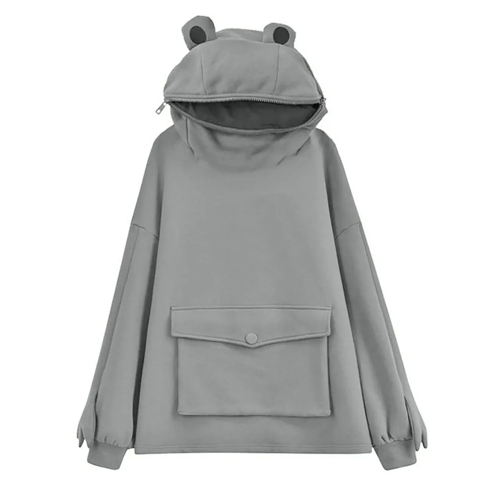 

Kawaii Frog Shape Design Pullover Sweatershirt Womencute Long Sleeve Hoodies With Big Pocket Decoration Harajuku Clothes