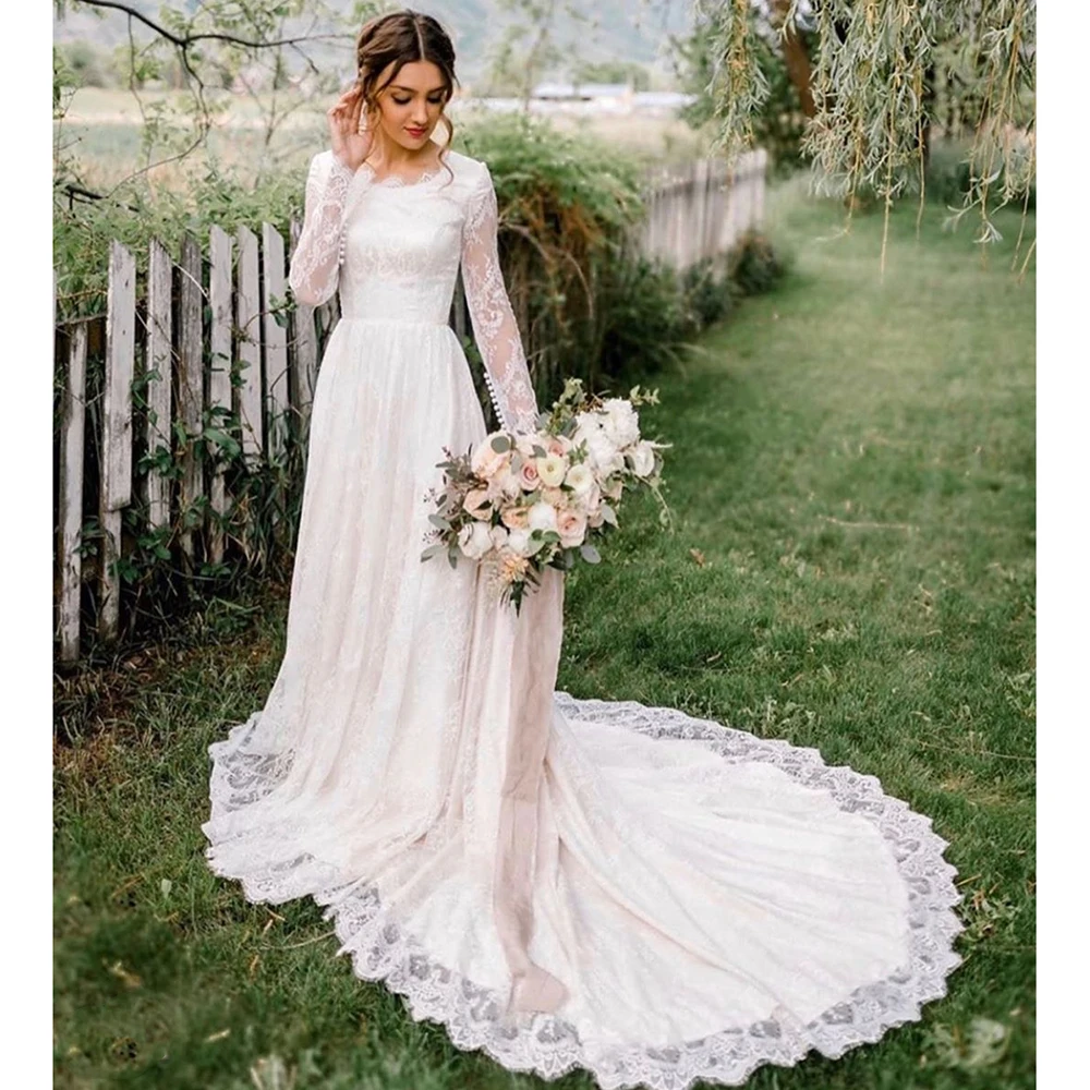 

Винтажное кружевное свадебное платье 2022, свадебные платья в деревенском стиле с длинным рукавом, женское платье с шлейфом в пол