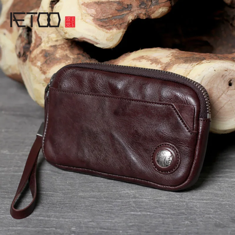 AETOO Vintage leather long clutch, vegetable tanned leather zipper wallet, first layer leather mobile phone bag