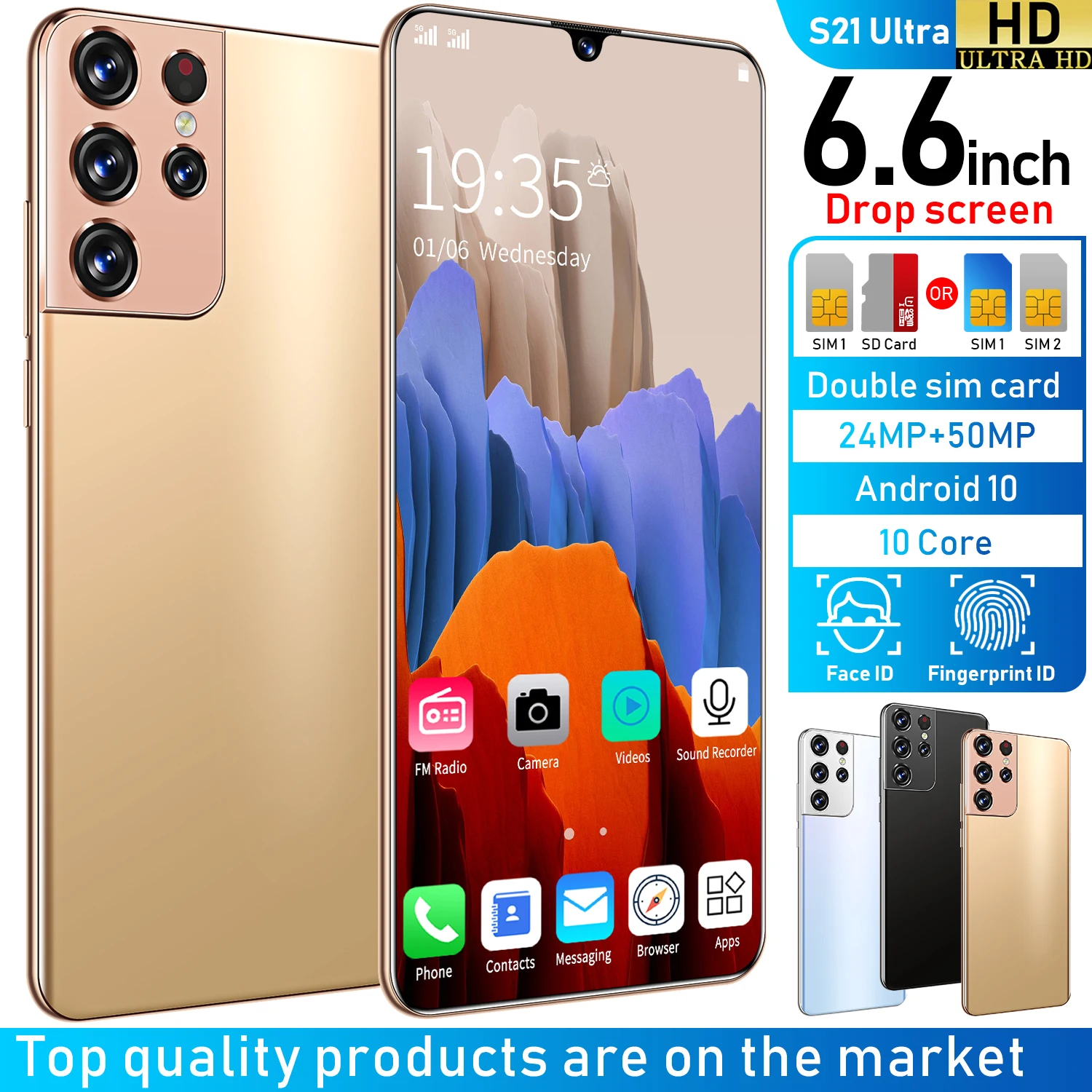 

New 2021 Galxy S21 Ultra Gold 5G Smart Phone 6.6 Inch Drop Screen 12+512GB Face ID 6000mAh MTK6889 Deca Core Celular With GPS