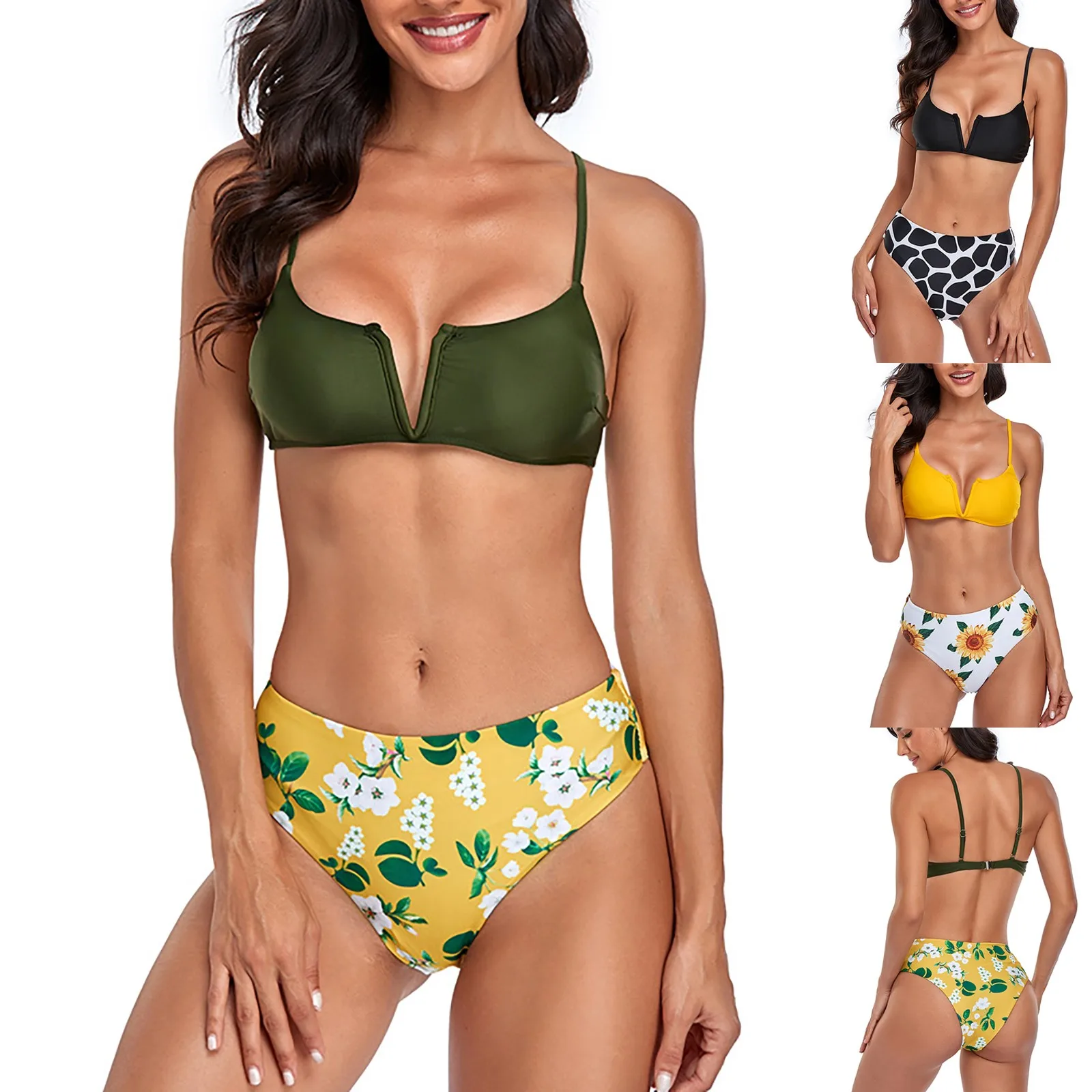 

Женский раздельный купальник с цветочным принтом, бикини с V-образным вырезом и высокой талией, пляжный купальный костюм для девушек, 2021
