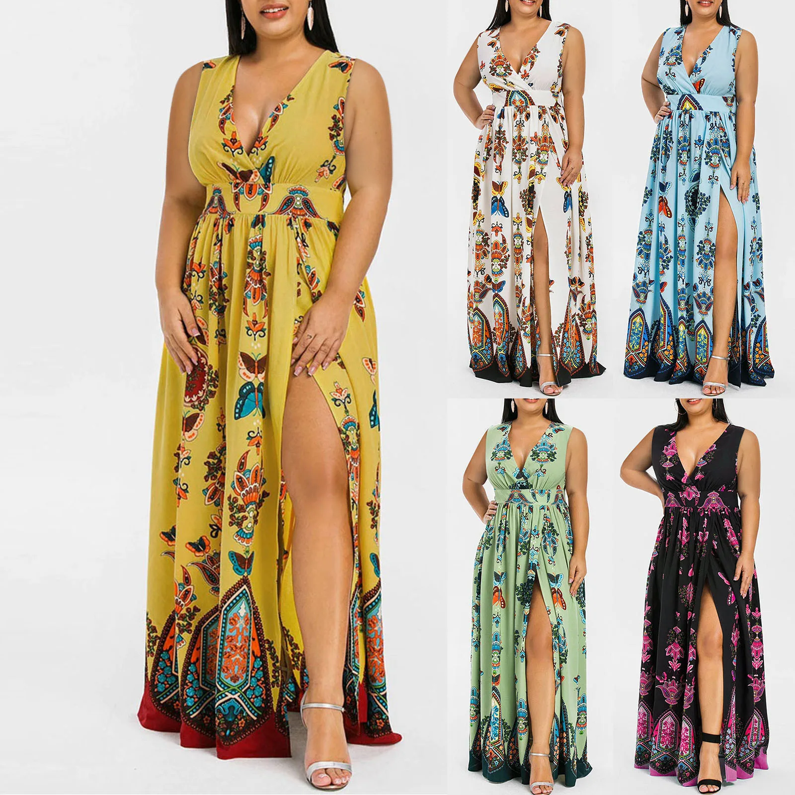 

Ethnic Printed Dress Plus Size Fashion Women Butterfly Printed V-neck Long Dress Short Sleeve Casual Vintage Sexy Robe Femme