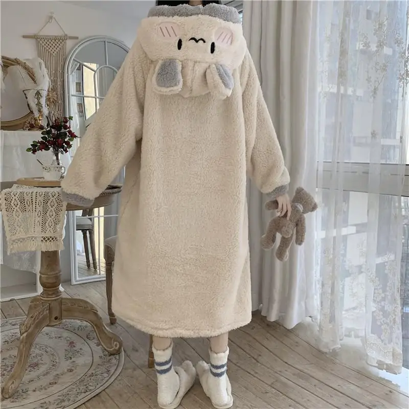 Pijamas Winter Ins Loose Thickened Warm Long Cute Hooded Pajamas Sleepwear Women Female Students Pajama Woman Robe Set nightgown
