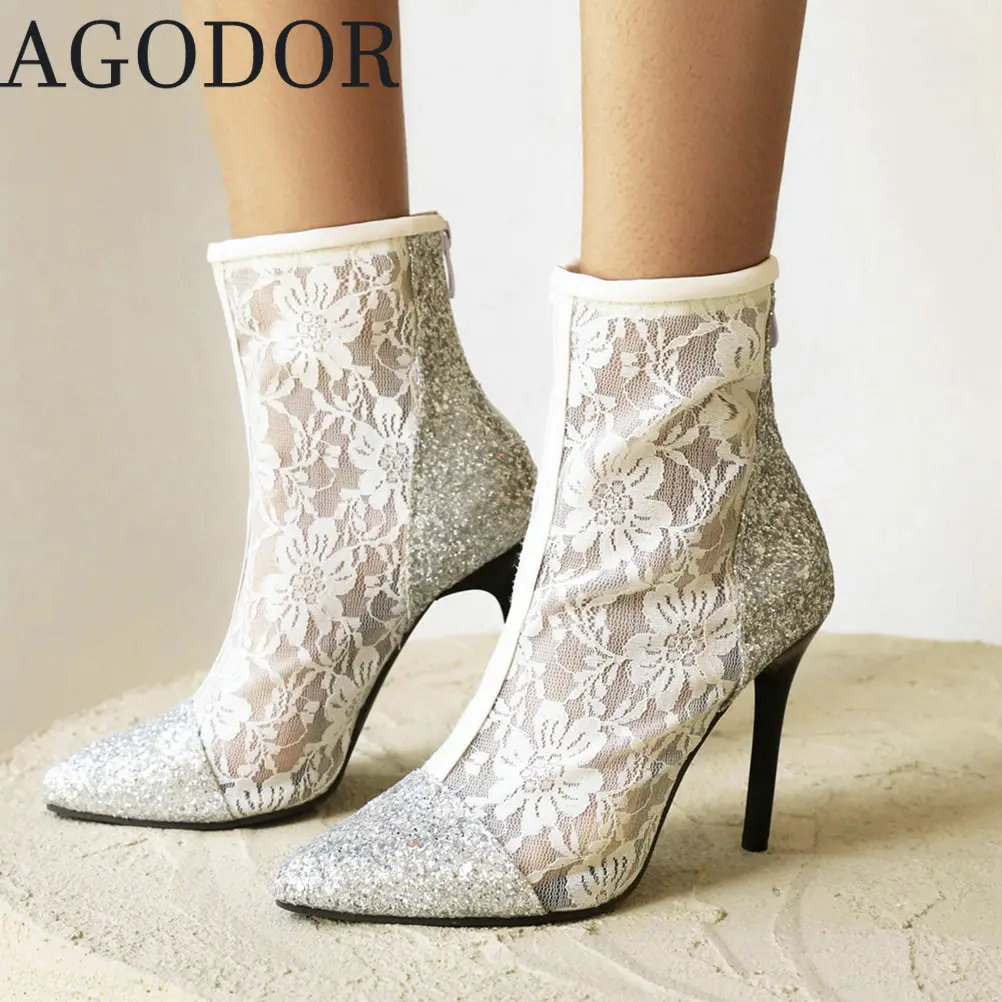 

AGODOR Mesh Ankle Boots for Women Glitter Booties Stiletto High Heel Pointed Toe Lace Boots Women Shoes Sexy Winter Boots