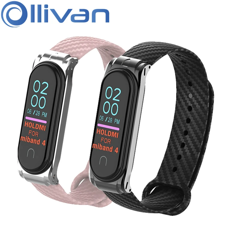 OLLIVAN mi Band 4 ремешок из кремния и углеродного волокна для Xiaomi mi Band 4 ремешок с металлической рамкой чехол-браслет mi band 4 Correa черный розовый