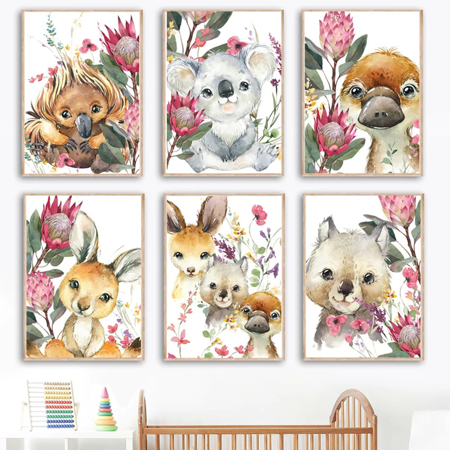 

Cartoon Animal Koala Bear Kangaroo Flower Watercolor Nordic Wall Art Canvas Painting Posters And Prints Pictures Kids Room Decor