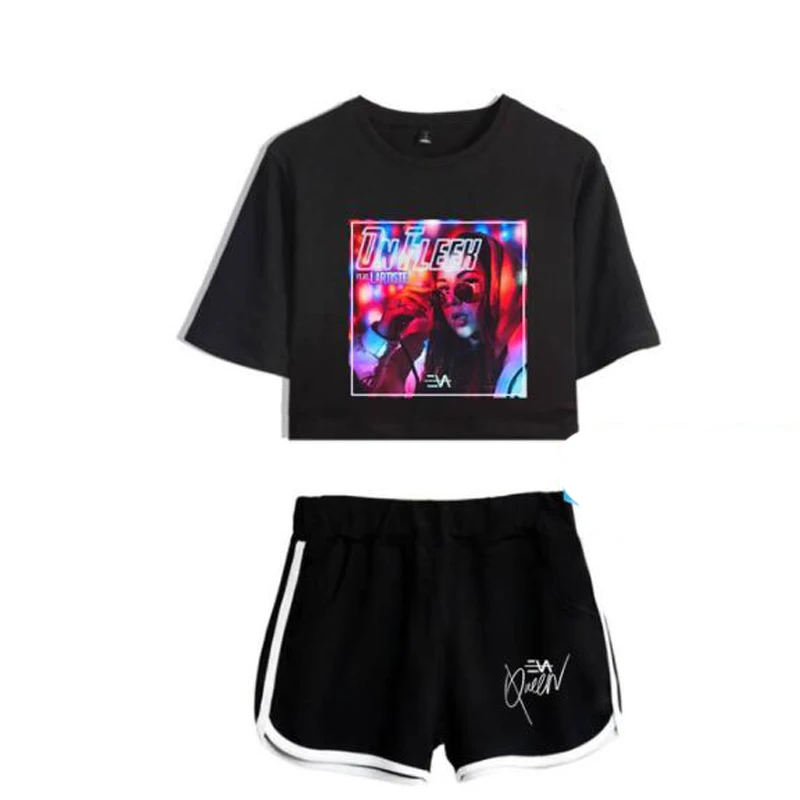 

Hot Sale Luxury Harajuku Fashion Design Eva Queen Two Piece Set Women Sexy Shorts+lovely T-shirt Cute Popular Sport Girl suits