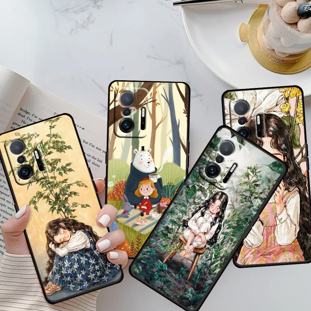

Healing girl cute For Xiaomi Mi 11 10 Ultra 11T 10T Note 10 Lite 11i 10i 10S 5G Soft Black Phone Case Cover Shell