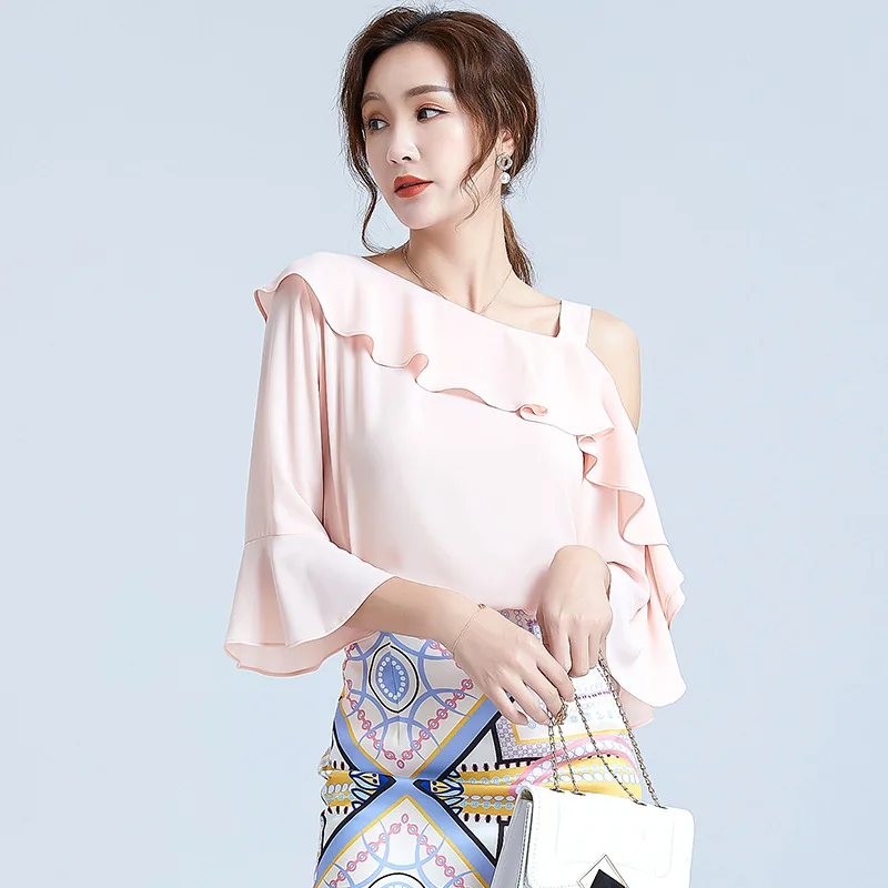 

2020 Summer New Women's Ruffled Collar Stitching Chiffon Shirt Solid Color Non-Elastic Three-Quarter Sleeve Loose Top Women