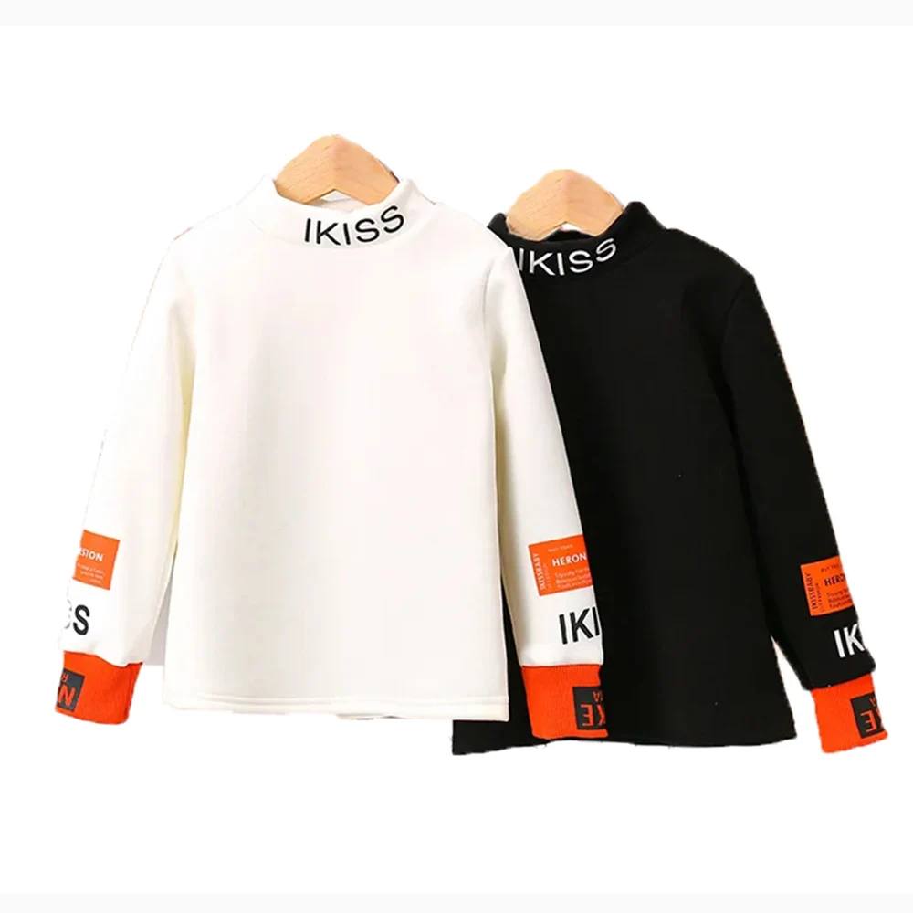 

Winter Polyester T-Shirt New 2021 Korean Version Boys Girls Plus Velvet Keep Warm Half High Collar Fashion Children's Clothing