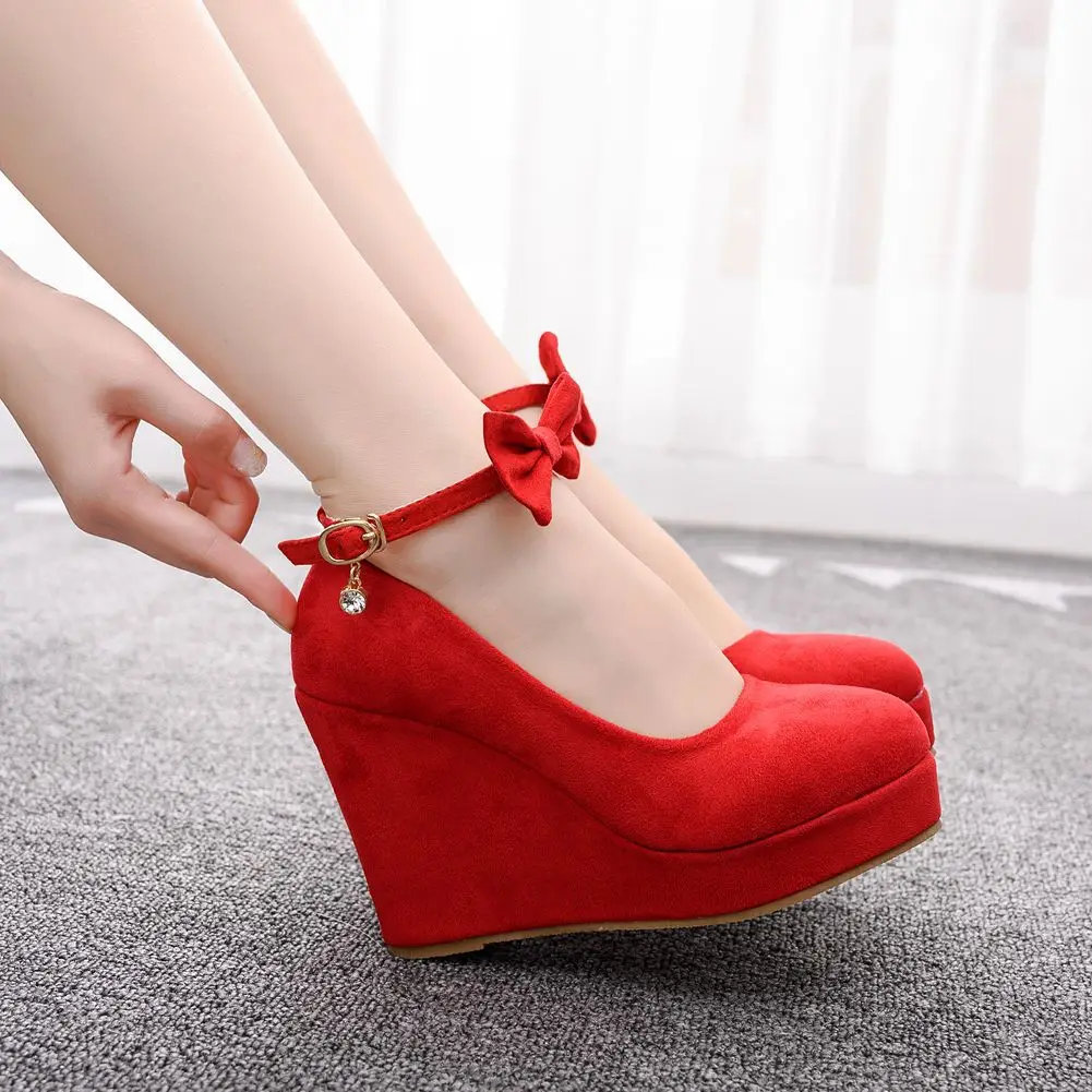 

Large high heeled shoes wedge heeled round head waterproof platform single shoe one line bow suede high heeled wedge