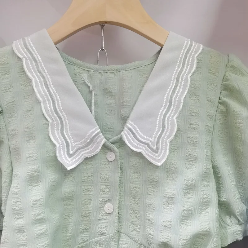 

Short Sleeve Blouses Women Peter Pan Collar Summer Fashion All-match Cropped Tops Harajuku Sweet New Korean Style Design Elegant