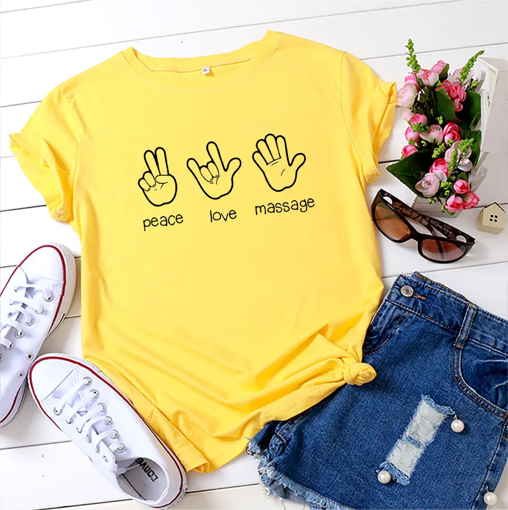 

Plus Size S- 5XL Shirts Peace Love Massage Graphic Tees Summer Cotton T Shirt O-Neck Short Sleeve Tshirts Fashion Casual Tops