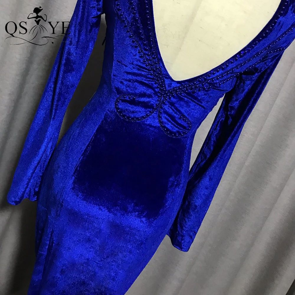 

QSYYE Royal Blue Velvet Evening Dresses Elegant Long Sleeves Elegant Party Dress Sexy V Neck Open Back Woman Formal Dress Long