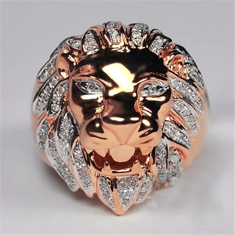 

Punk Domineering Men Rose Gold Plated Lion Head Ring Luxury CZ Crystal Parrt Ring Fashion Men Wedding Engagement Jewelry
