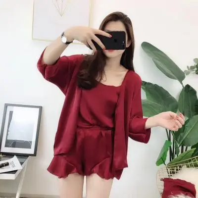 Women Pajamas Set New Sexy silk suspender shorts in sleeve  Sleepwear Casual Homewear Female plus size Pyjamas 4-piece set