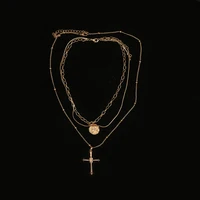 multi layer chain round cross pendant necklace letther m alloy chain neck retro women girls jewelry accessories