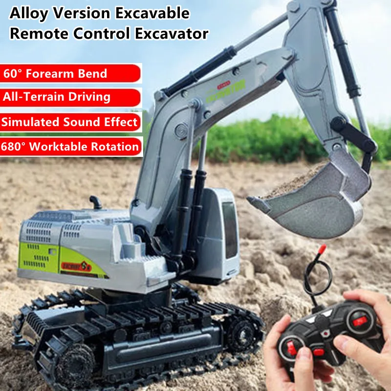 

1:24 Alloy Bucket Remote Control Excavator 30Mins 60° Forearm Bend 680°Worktable Rotation LED Light RC Engineering Truck Kid Toy