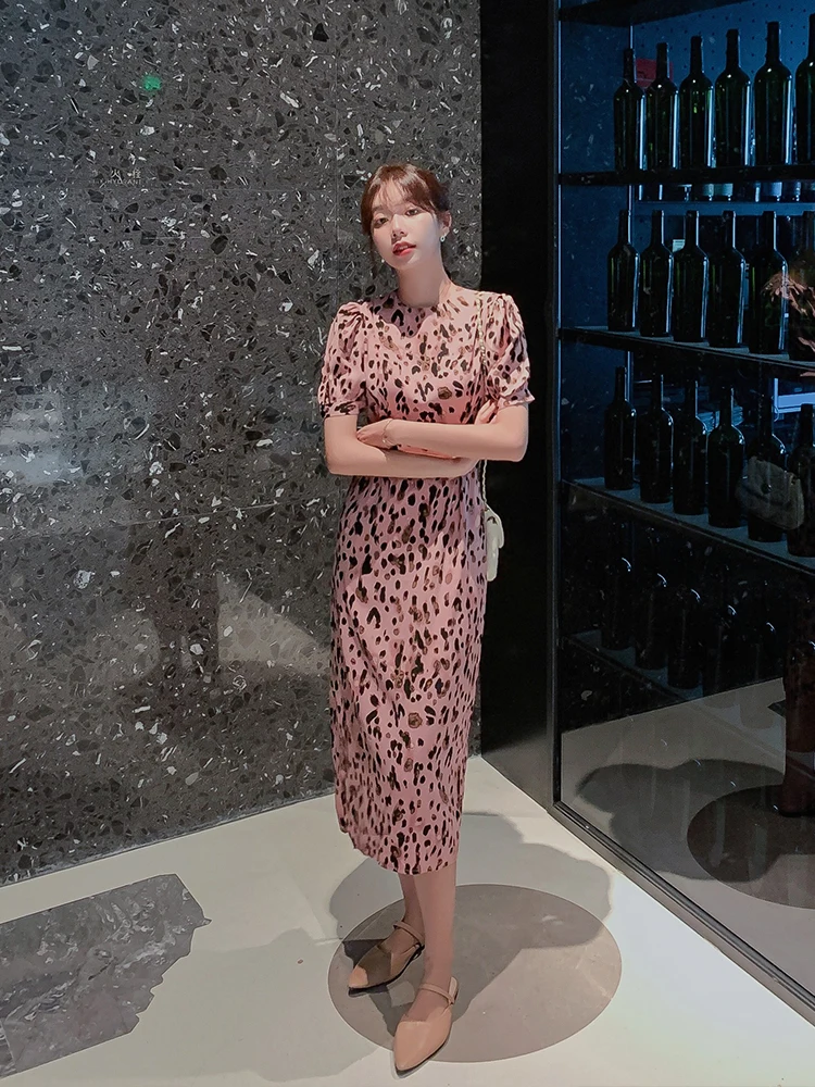 

Summer 2021 Runway Slim Korean Party Night Women Long Pink Chiffon Leopard Dress Dresses Casual Vacation Elegant Dresses Female