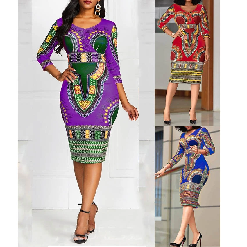 

African Dresses for Women Dashiki Print 2020 Ladies Dress Fashion V-neck Clothes Sexy Robe Africaine dress african clothing
