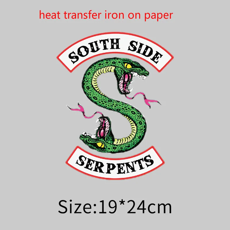 Большой Размеры ривердейл "South Side serpents" утюг на патчи для Костюмы, с рисунком героев из мультфильмов, два головой кобры вышитые наклейки аппликация - Цвет: big transfer paper