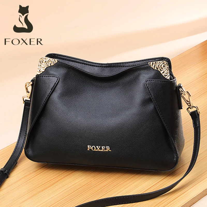 Женская сумка через плечо FOXER черная классическая Повседневная из натуральной