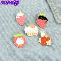 sweet strawberry garden enamel pins custom cat bunny fruit cake brooches shirt lapel badge bag cartoon jewelry gift for kids