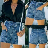 ladies elastic high waist straight buckle belted jeans shorts woman clothing summer straight leg casual bandage denim shorts