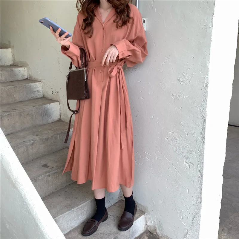 

Женское платье-рубашка с длинным рукавом, черное винтажное Элегантное повседневное платье-рубашка в Корейском стиле, одежда макси для вече...