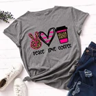 Модная женская футболка 2020, леопардовая уличная футболка с надписью Peace Love Coffee, Повседневная футболка с круглым вырезом, летние женские футболки для женщин,женские футболки,