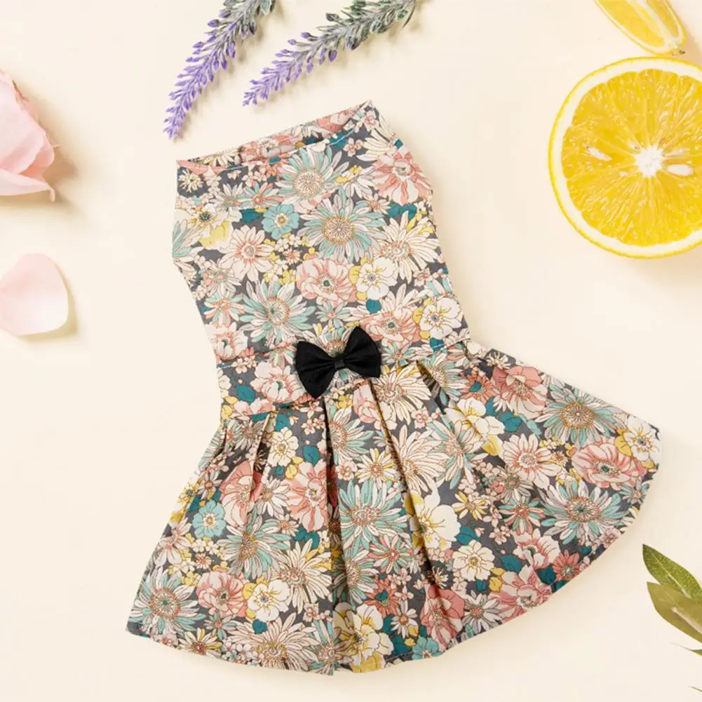 

New Style Pet Clothes Stylish Flower Pattern Cotton Breathable Lightweight Pet Cat Princess Dress Bowknot for Spring Summer