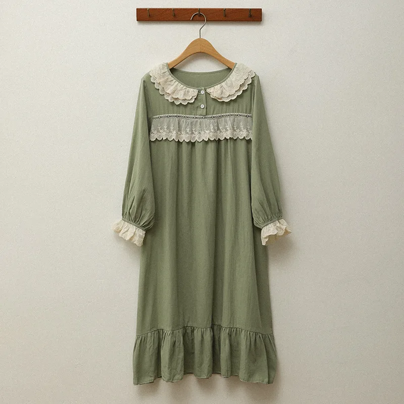 

Retro Green Women's Nightdress Palace Wind Lace Pajamas Spring and Autumn Long Sleeve Pure Cotton Korean Version Long Skirt