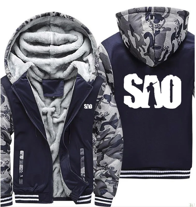 

SAO Sword Art Online Camouflage Hoodies Mens Winter Warm Thicken Fleece Zipper Sweatshirt Coat plus size Jackets
