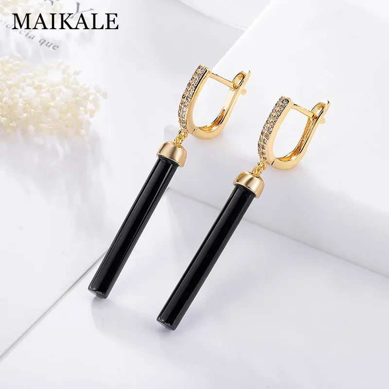 Женские прямые длинные серьги MAIKALE черные керамические с кубическим цирконием