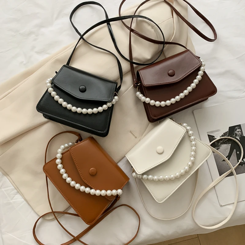 

Fashion Shoulder Messenger Bag for Women PU Leather Ladies Crossbody Bags New Pearl Chain Girls Purse Handbags Sac A Main Femme