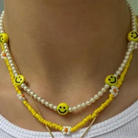 beach style smile face pearl daisy flower beads necklace for women colorful acrylic resin rice bead strand handmade choker chain