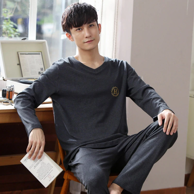 Casual Loose Sleepwear Thin Summer Long Sleeve Bedroom Cotton Comfy Set Plus Size Sleepwear Szata Zestawy Men's Sleep DB60SY