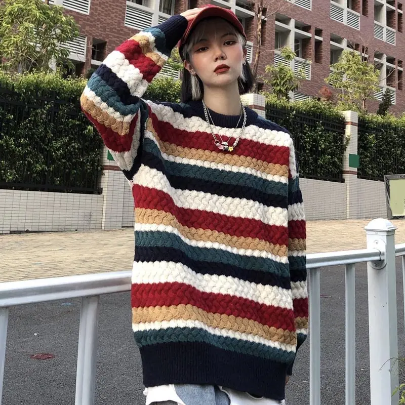 

Женский трикотажный свитер в стиле Харадзюку, толстый пуловер с длинным рукавом и круглым вырезом, зима 2021