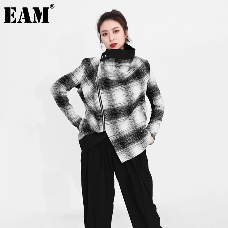 

[EAM] Loose Fit Black Plaid Casual Big Size Woolen Coat Parkas New Long Sleeve Women Fashion Tide Autumn Winter 2021 1DA90101M