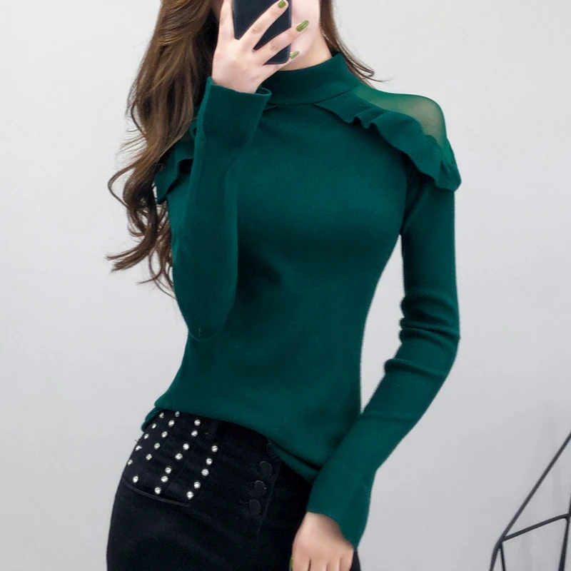 

Sweater women 2021 new autumn and winter Korean slim-fit mesh long-sleeved bottoming top half high neck sweater trend
